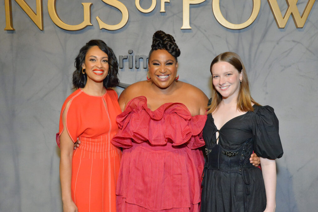 Cynthia Addai-Robinson, Sophia Nomvete and Morfydd Clark attend The Lord Of The Rings: The Rings Of Power SDCC Press Preview Event at Venue 808