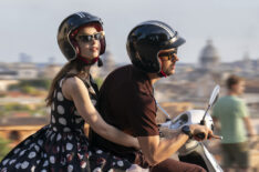 Lily Collins as Emily, Eugenio Franceschini as Marcello on a Vespa in 'Emily in Paris' Season 4