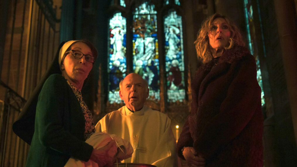 Andrea Martin as Sister Andrea, Wallace Shawn as Father Ignatious and Christine Lahti as Sheryl Luria appearing in Evil episode 8, season 4 'How to Save a Life'