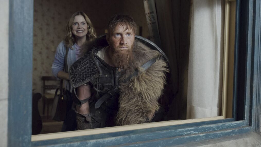 Rose McIver as Samantha and Christian Jadah as Bjorn in 'Ghosts' - 'The Baby Bjorn'