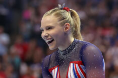 Jade Carey reacts after competing on the floor exercise on Day Four of the 2024 U.S. Olympic Team Gymnastics Trials at Target Center on June 30, 2024 in Minneapolis, Minnesota.