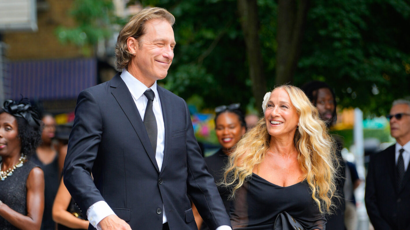 John Corbett and Sarah Jessica Parker on location for 'And Just Like That' on July 22, 2024 in New York City.