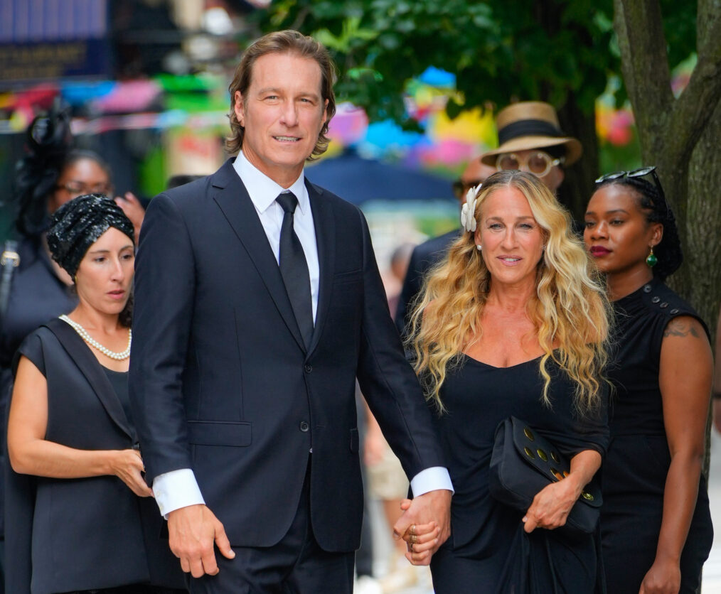 John Corbett and Sarah Jessica Parker on location for 'And Just Like That' on July 22, 2024 in New York City.