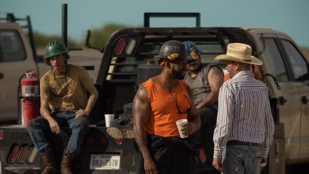 Jacob Lofland as Cooper Norris, Mustafa Speaks as Boss and Billy Bob Thornton as Tommy Norris in season 1, episode 4 of 'Landman'