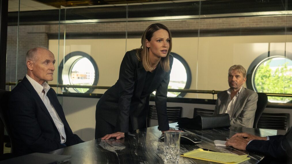 Colm Feore as Nathan, Kayla Wallace as Rebecca Savage, and Billy Bob Thornton as Tommy Norris in season 1, episode 4 of 'Landman'