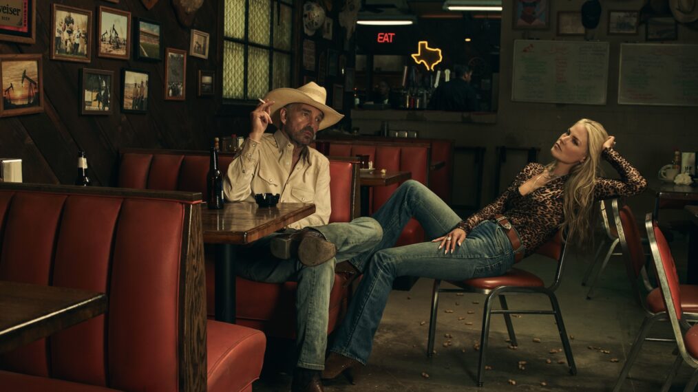 Billy Bob Thornton as Tommy Norris and Ali Larter as Angela Norris in 'Landman'