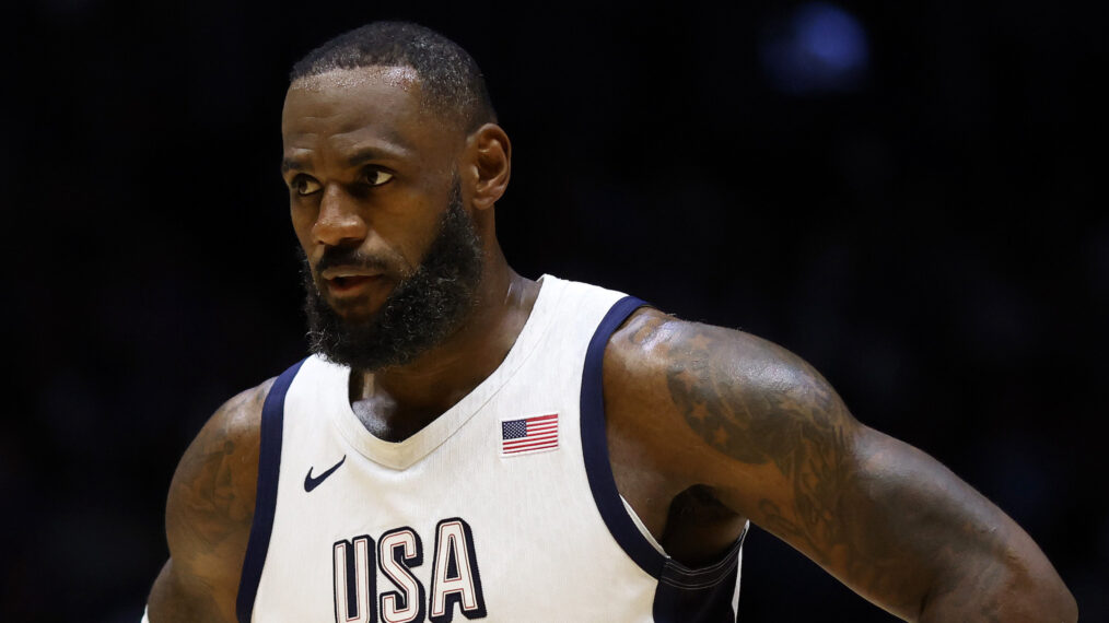 LeBron James of The United States looks on during the 2024 USA Basketball Showcase match between USA and Germany at The O2 Arena on July 22, 2024 in London, England.