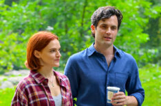 Madeline Brewer and Penn Badgley are seen on the film set of the 'You' in Central Park, Manhattan on July 15, 2024 in New York City.