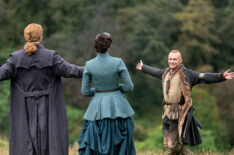 Caitríona Balfe as Claire, Sam Heughan as Jamie, John Bell as Young Ian on set of 'Outlander' Season 7 Part 2