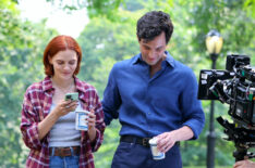 Madeline Brewer and Penn Badgley are seen on the set of 'You' on July 15, 2024 in New York City.