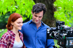 Madeline Brewer and Penn Badgley are seen on the film set of the 'You' in Central Park, Manhattan on July 15, 2024 in New York City.