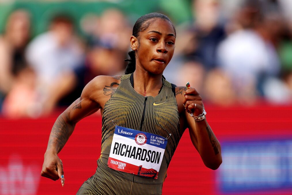 Sha'Carri Richardson competes in the first round of the women's 200 meters on Day Seven of the 2024 U.S. Olympic Team Track & Field Trials