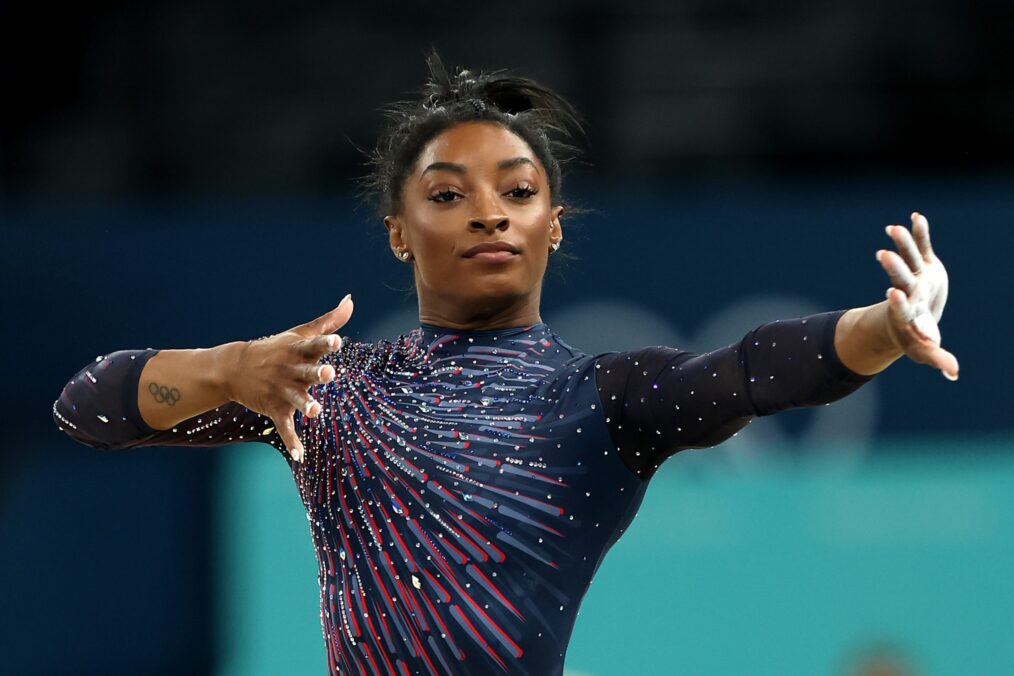 Simone Biles of Team United States practices during a Gymnastics training session in the Bercy Arena ahead of the Paris 2024 Olympic Games