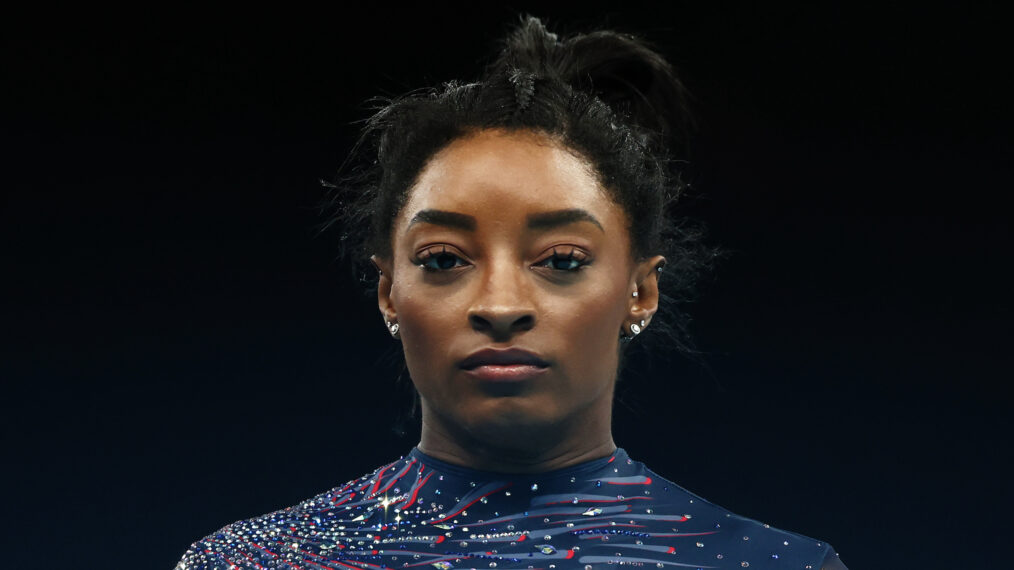 Simone Biles of Team United States looks on during a Gymnastics training session in the Bercy Arena ahead of the Paris 2024 Olympic Games on July 25, 2024 in Paris, France.