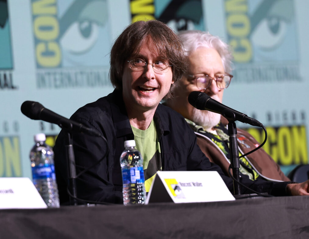 Doug Lawrence and Clancy Brown speak onstage during the 