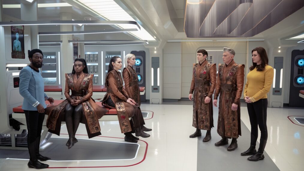 Babs Olusanmokun as M'Benga, Celia Rose Gooding as Uhura, Christina Chong as La'an, Jess Bush as Chapel, Ethan Peck as Spock, Anson Mount as Pike, and Rebecca Romijn as Una in 'Star Trek: Strange New Worlds' Season 3 Episode 8