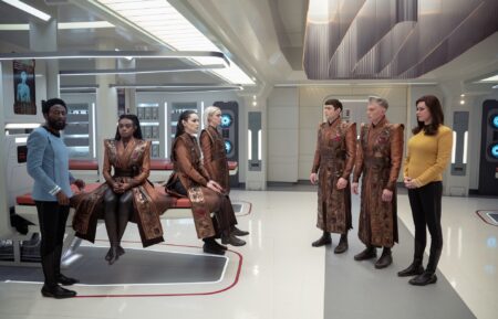 Babs Olusanmokun as M'Benga, Celia Rose Gooding as Uhura, Christina Chong as La'an, Jess Bush as Chapel, Ethan Peck as Spock, Anson Mount as Pike, and Rebecca Romijn as Una in 'Star Trek: Strange New Worlds' Season 3 Episode 8