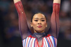 Sunisa Lee celebrates after competing on the balance beam on Day Two of the 2024 U.S. Olympic Team Gymnastics Trials at Target Center on June 28, 2024 in Minneapolis, Minnesota.