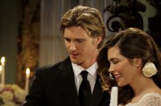 J.T. Hellstrom (Thad Luckinbill) and Victoria Newman (Amelia Heinle) celebrate their wedding, on The Young And The Restless