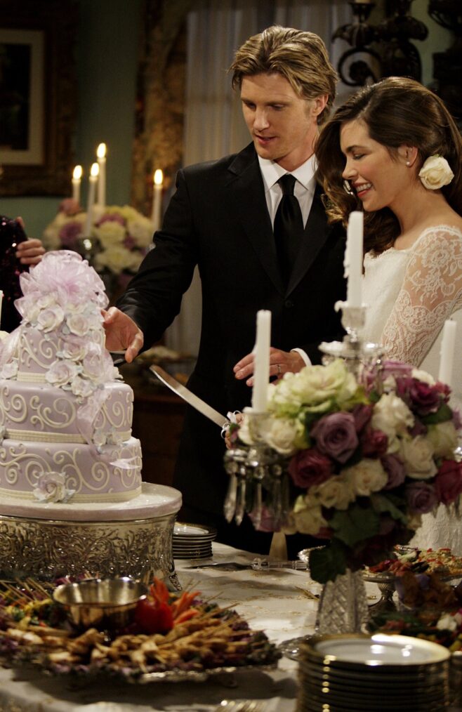 J.T. Hellstrom (Thad Luckinbill) and Victoria Newman (Amelia Heinle) celebrate their wedding, on The Young And The Restless