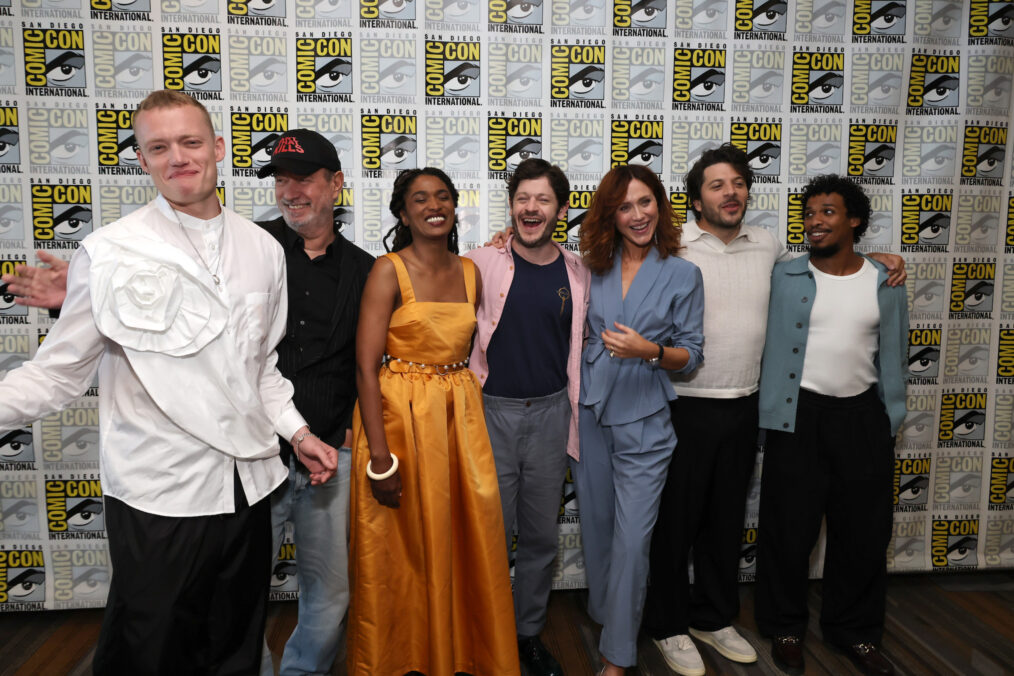 Jojo Macari, Roland Emmerich, Sara Martins, Iwan Rheon, Gabriella Pession, Dimitri Leonidas and Moe Hashim attend Peacock's 