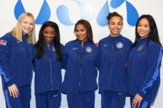 Jade Carey, Simone Biles, Jordan Chiles, Hezly Rivera and Sunisa Lee try on clothes at the Team USA Welcome Experience Ahead of Paris 2024 on July 22, 2024 in Paris, France.