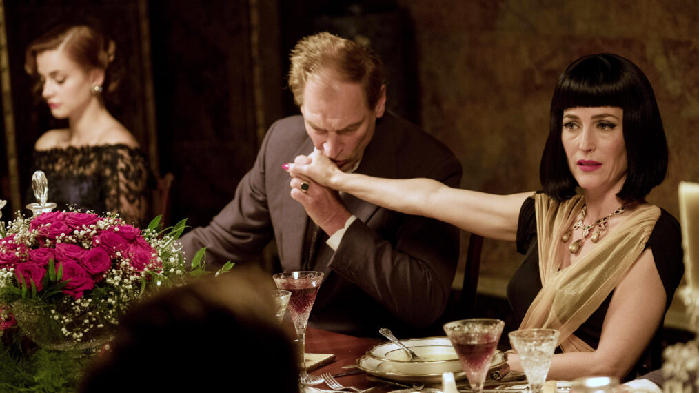 Stefanie Martini, Julian Sands, and Gillian Anderson in Crooked House