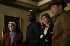 Andrea Martin as Sister Andrea, Mike Colter as David Acosta, Katja Herbers as Kristen Bouchard, and Aasif Mandvi as Ben Shakir In 'Evil' Season 4 Episode 12