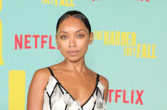 Logan Browning attends the Los Angeles premiere of 'The Harder They Fall' at Shrine Auditorium and Expo Hall on October 13, 2021 in Los Angeles, California.