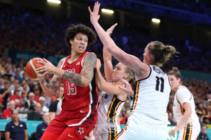 Brittney Griner #15 of Team United States grabs a rebound over Elise Ramette #4 of Team Belgium during a Women's Basketball Group Phase - Group C game between the United States and Belgium on day six of the Olympic Games Paris 2024 at Stade Pierre Mauroy on August 01, 2024 in Lille, France.