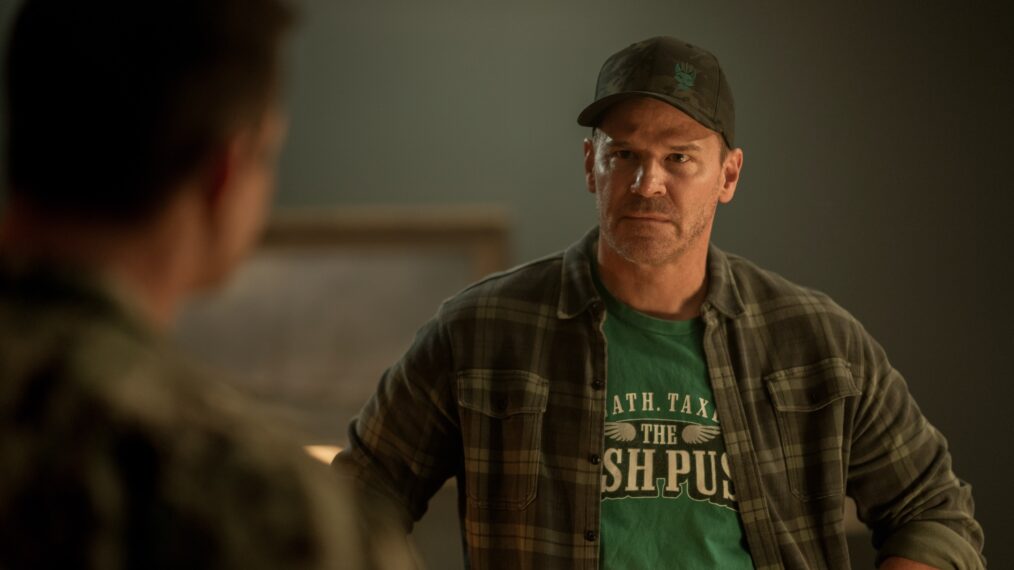 Judd Lormand as Lt. Commander Eric Blackburn and David Boreanaz as Jason Hayes in the 'SEAL Team' Season 7 Premiere 'Chaos in the Calm'