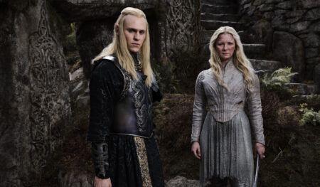 Charlie Vickers as Annatar/Sauron and Morfydd Clark as Galadriel in 'The Lord of the Rings: The Rings of Power' Season 2