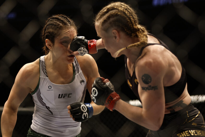 Alexa Grasso of Mexico fights Valentina Shevchenko of Kyrgyzstan in the UFC flyweight championship fight during the UFC 285 event at T-Mobile Arena on March 04, 2023 in Las Vegas, Nevada.