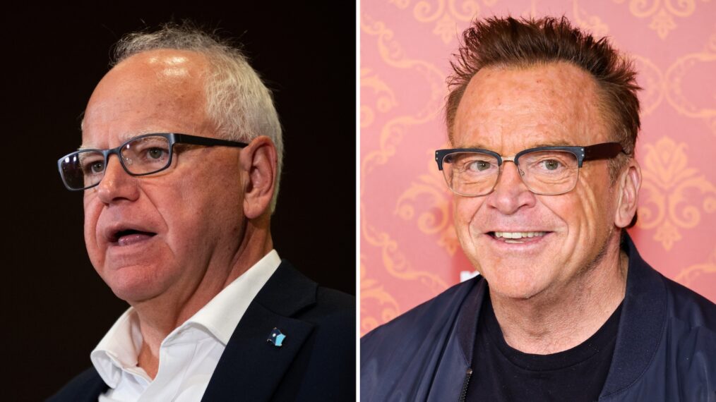 Minnesota Gov. Tim Walz (L), Tom Arnold (R)