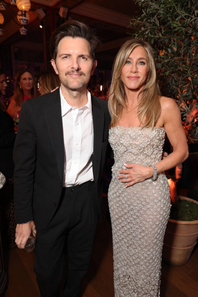 Adam Scott and Jennifer Aniston attends the Apple TV+ Emmy Awards 2024 post ceremony reception at Mother Wolf on September 15, 2024 in Los Angeles