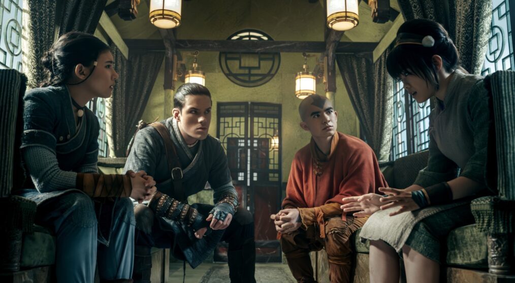 Avatar: The Last Airbender. (L to R) Kiawentiio Tarbell as Katara, Ian Ousley as Sokka, Gordan Cormier as Aang, Miya Cech as Toph in season 2 of Avatar: The Last Airbender. Cr. Katie Yu/Netflix © 2025