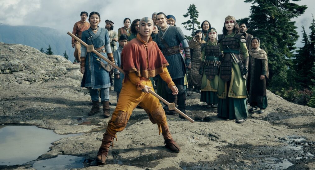 Avatar: The Last Airbender. (L to R) Kiawentiio Tarbell as Katara, Gordan Cormier as Aang, Ian Ousley as Sokka, Maria Zhang as Suki in season 2 of Avatar: The Last Airbender. Cr. Katie Yu/Netflix © 2025