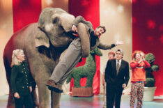 Animal specialist Joan Embery, actor Tom Selleck, host Jay Leno, and comedian Carrot Top with an elephant on The Tonight Show on March 9, 1998