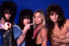 Bassist Nikki Sixx, lead guitarist Mick Mars, lead singer Vince Neil, and drummer Tommy Lee of the American hard rock band Motley Crue pose for a portrait for a portrait backstage at the Joe Louis Arena during the 'Girls, Girls, Girls Tour' on July 19, 1987, in Detroit, Michigan.