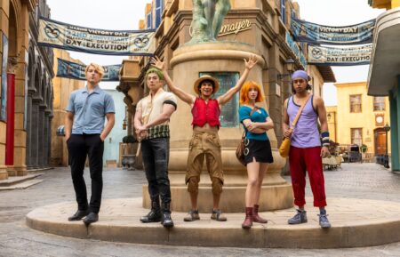 Taz Skylar as Sanji, Mackenyu as Roronoa Zoro, Iñaki Godoy as Monkey D. Luffy, Emily Rudd as Nami, Jacob Romero as Usopp in episode 101 of One Piece