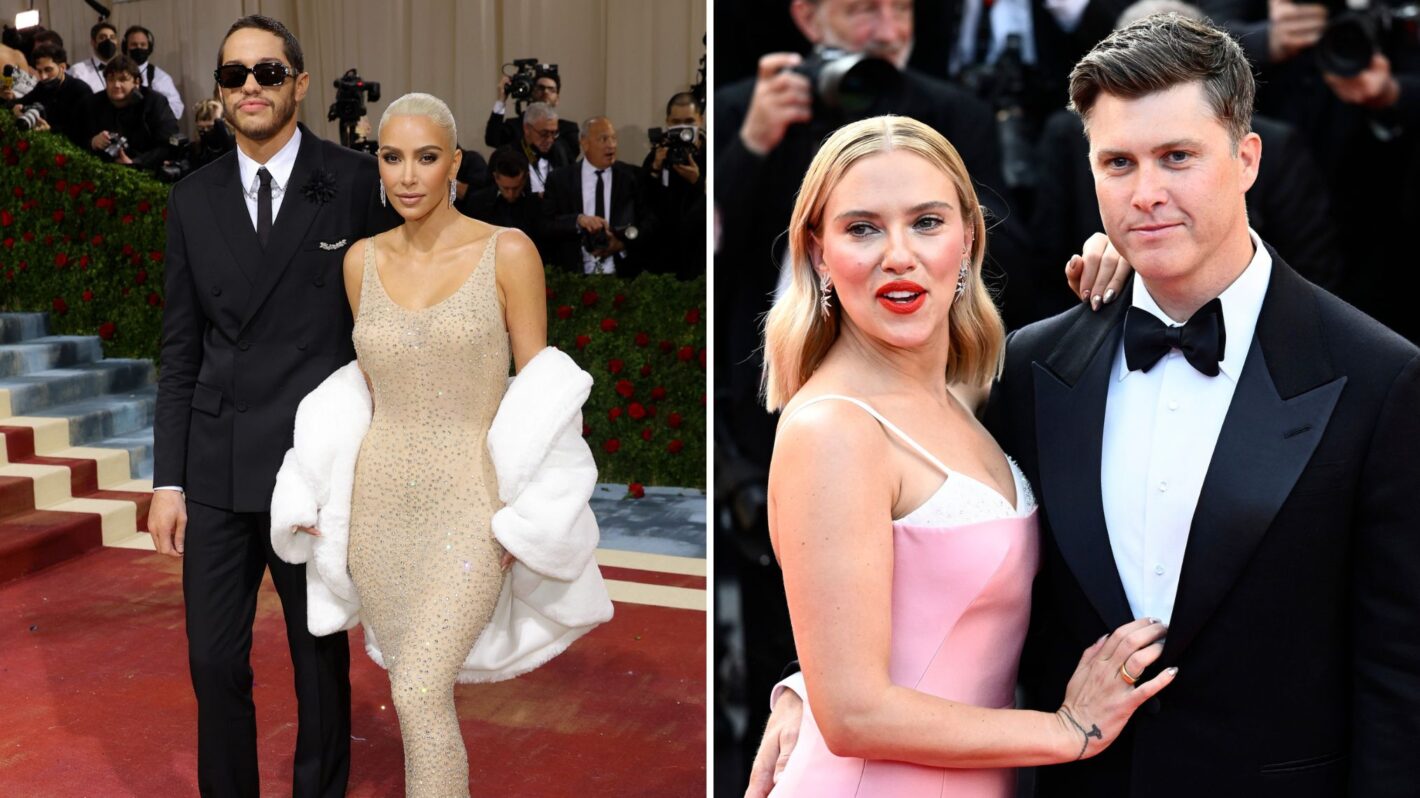 Pete Davidson and Kim Kardashian at the Met Gala red carpet and Colin Jost and Scarlett Johansson red carpet.