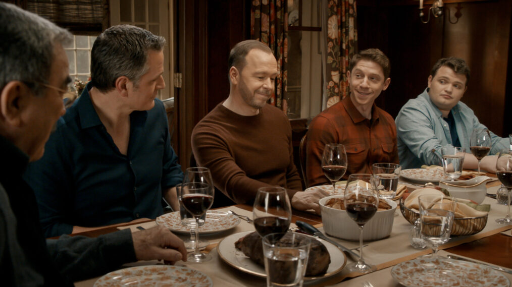 Tom Selleck as Frank Reagan, Peter Hermann as Jack Boyle, Donnie Wahlberg as Danny Reagan, Will Hochman as Joe Hill, and Andrew Terraciano as Sean Reagan in 'Blue Bloods' Season 14 Episode 11