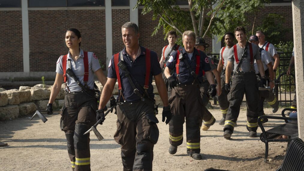 Miranda Rae Mayo as Stella Kidd, Taylor Kinney as Kelly Severide, Michael Bradway as Damon, Christian Stolte as Randy 