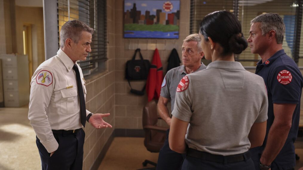 Dermot Mulroney as Chief Dom Pascal, David Eigenberg as Christopher Herrmann, Taylor Kinney as Kelly Severide — 'Chicago Fire' Season 13 Episode 2 