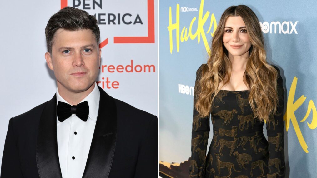 Colin Jost and Nasim Pedrad on the red carpet.