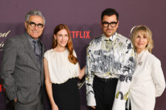 Eugene Levy, Sarah Levy, Dan Levy, and Deborah Divine attend the premiere of 'Good Grief' at The Egyptian Theatre Hollywood on December 19, 2023 in Los Angeles, California.