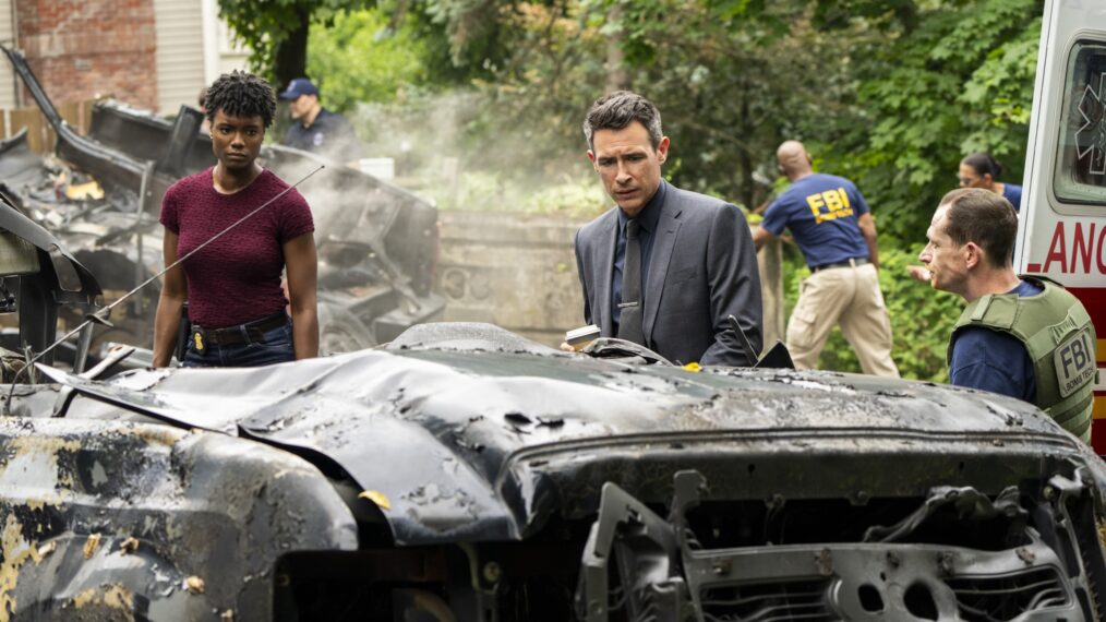 Katherine Renee Kane as Special Agent Tiffany Wallace and John Boyd as Special Agent Stuart Scola in the 'FBI' Season 7 Premiere 