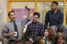 Carmen Christopher as Rick, Brian Jordan Alvarez as Evan Marquez, Stephanie Koenig as Gwen Sanders (seated), Langston Kerman as Harry in 'English Teacher' Season 1 Episode 3