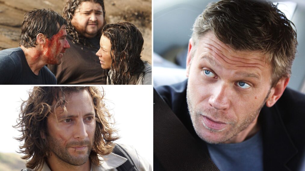 Matthew Fox as Jack Shephard, Jorge Garcia as Hurley Reyes, Evangeline Lilly as Kate Austen, Henry Ian Cusick as Desmond Hume, and Mark Pellegrino as Jacob in 'Lost'