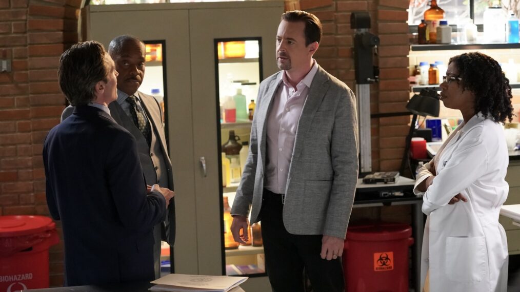 Rocky Carroll as NCIS Director Leon Vance, Sean Murray as Special Agent Timothy McGee, and Diona Reasonover as Forensic Scientist Kasie Hines in the 'NCIS' Season 22 premiere 'Empty Nest'